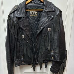 Open Road Collection Women Vintage Leather Jacket Sz 38 Biker Fringe 1990